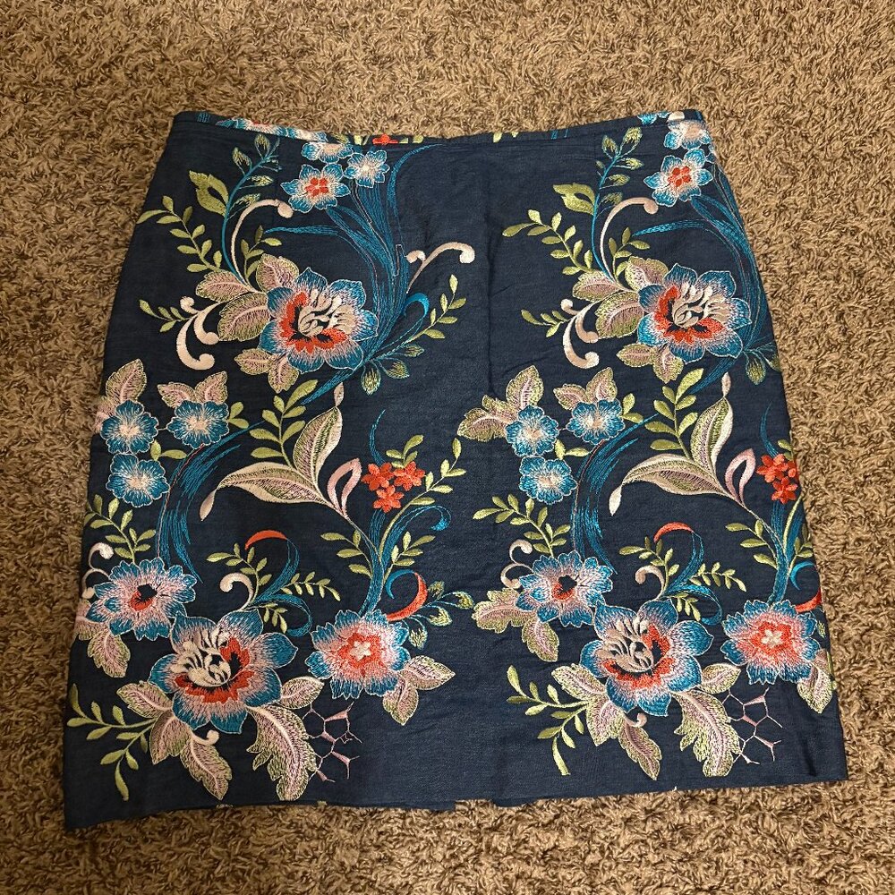 Tahari Arthur S. Levine Dark Blue Tapestry Skirt 16P 16 Petite Floral Zip Lined